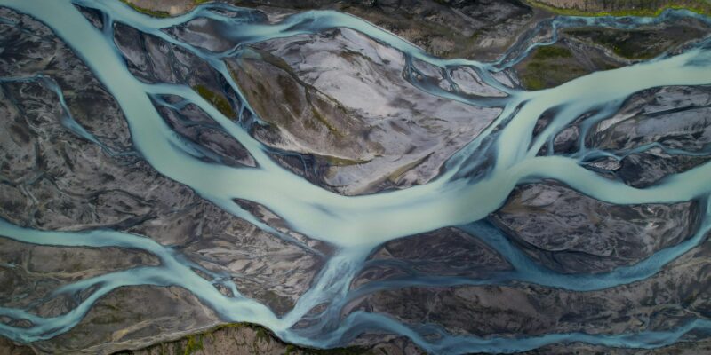 Aerial view of a braided glacial river delta in Iceland